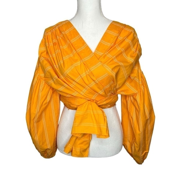 Acler The Wyatt Puff Balloon Sleeve Cropped Wrap Top Pumpkin Stripe Size 10 - Picture 8 of 16